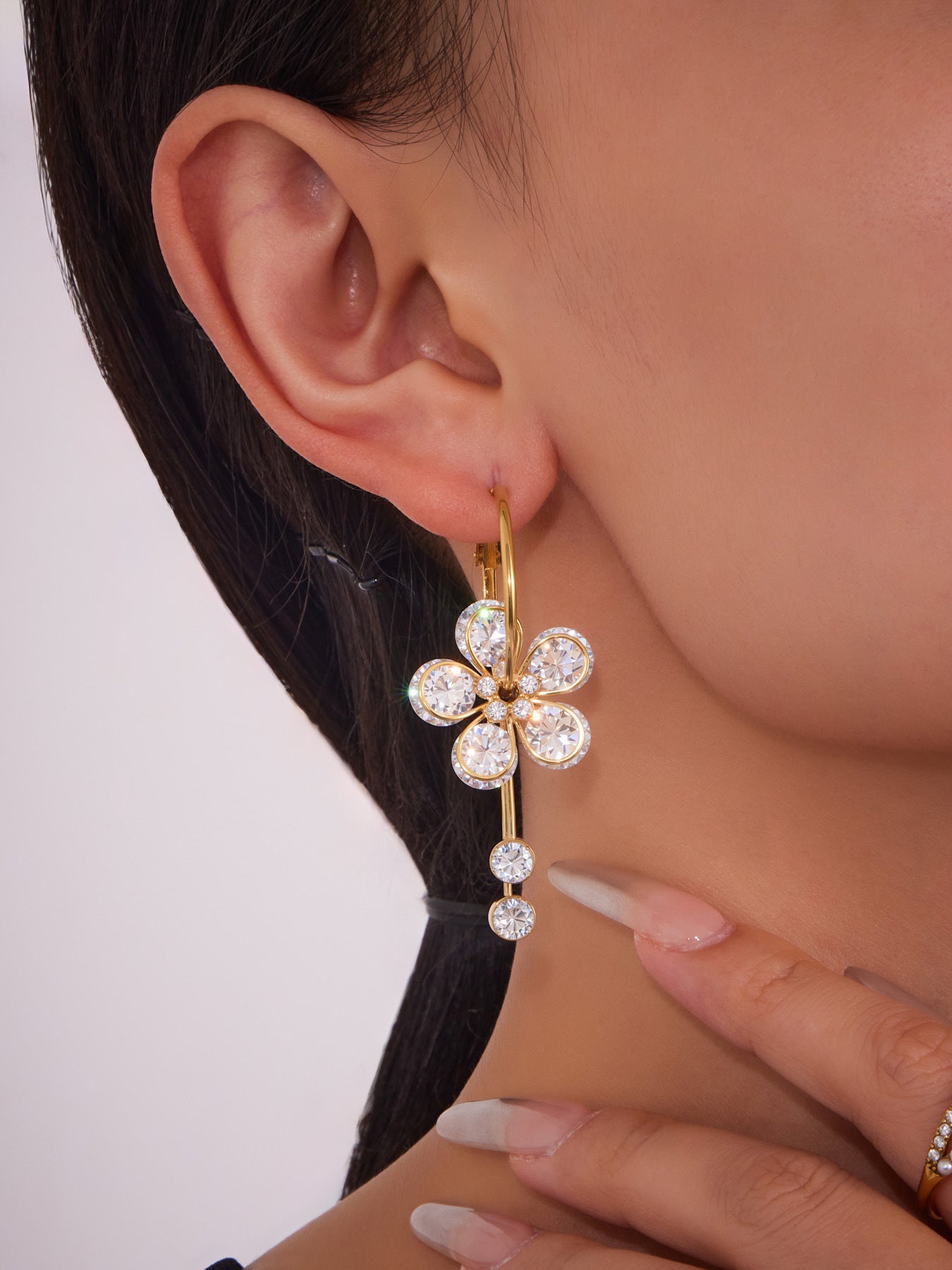 Floral Teardrop Zircon Drop Earrings – Stainless Steel Statement Jewelry for Women