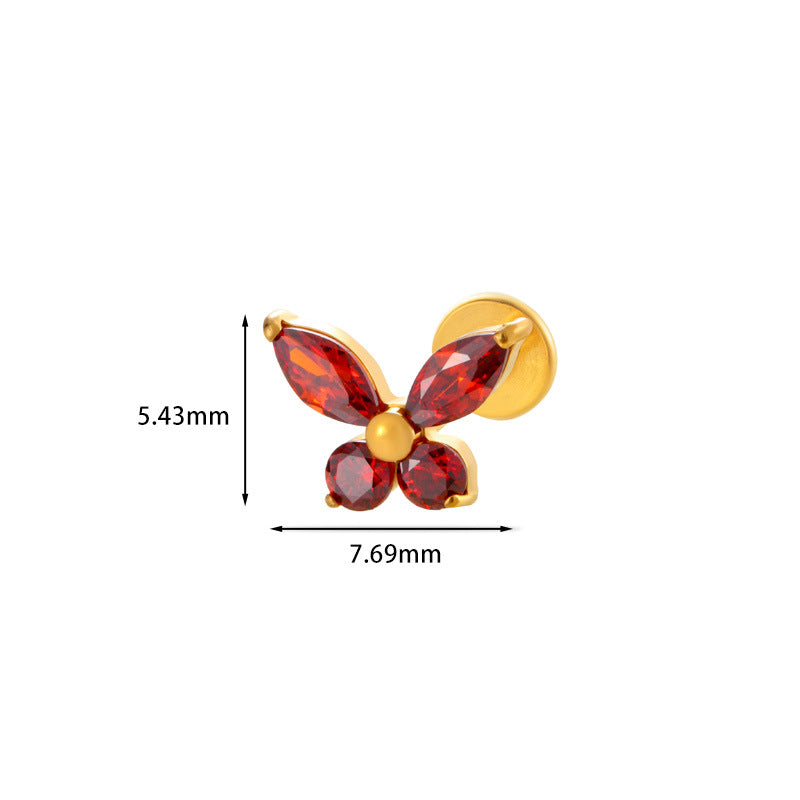 F136 Titanium Butterfly Zirconia Piercing - 1.2*8mm Lip & Cartilage Stud with Internal Thread