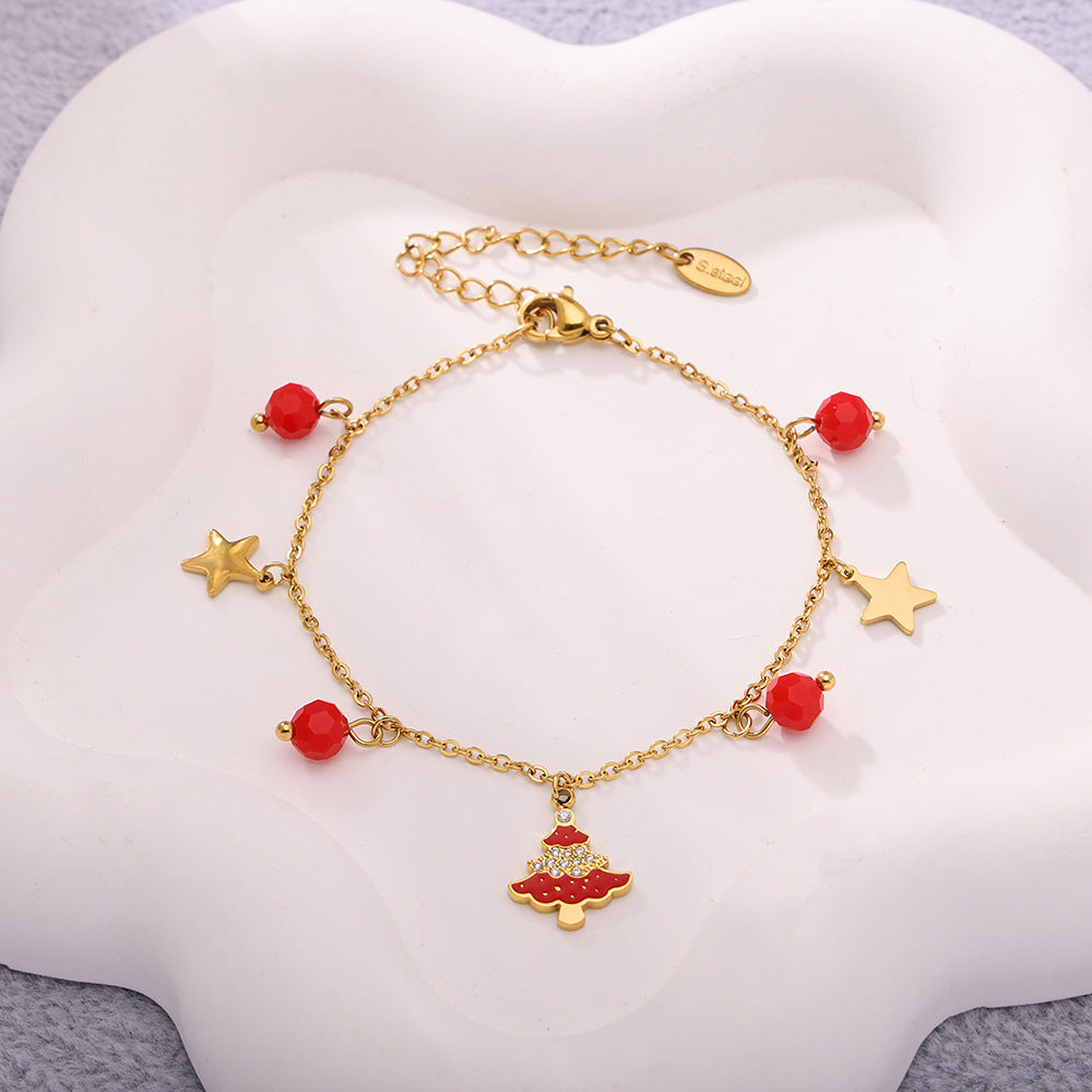 Christmas Tree Garnet Oil Drop Zircon Necklace & Bracelet Set | Layered Stainless Steel Holiday Jewelry