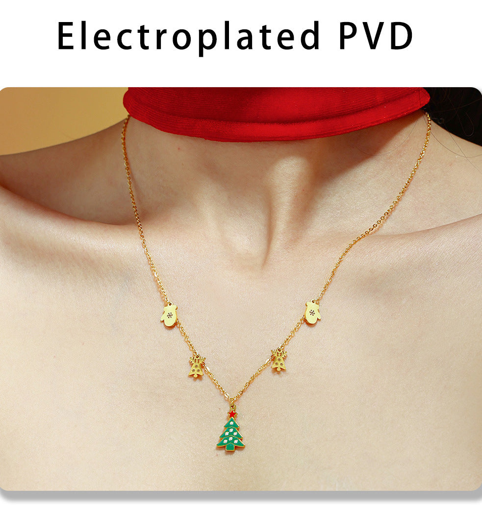 Gold Stainless Steel Christmas Necklace | Green Christmas Tree Pendant with Oil Drop & Zircon