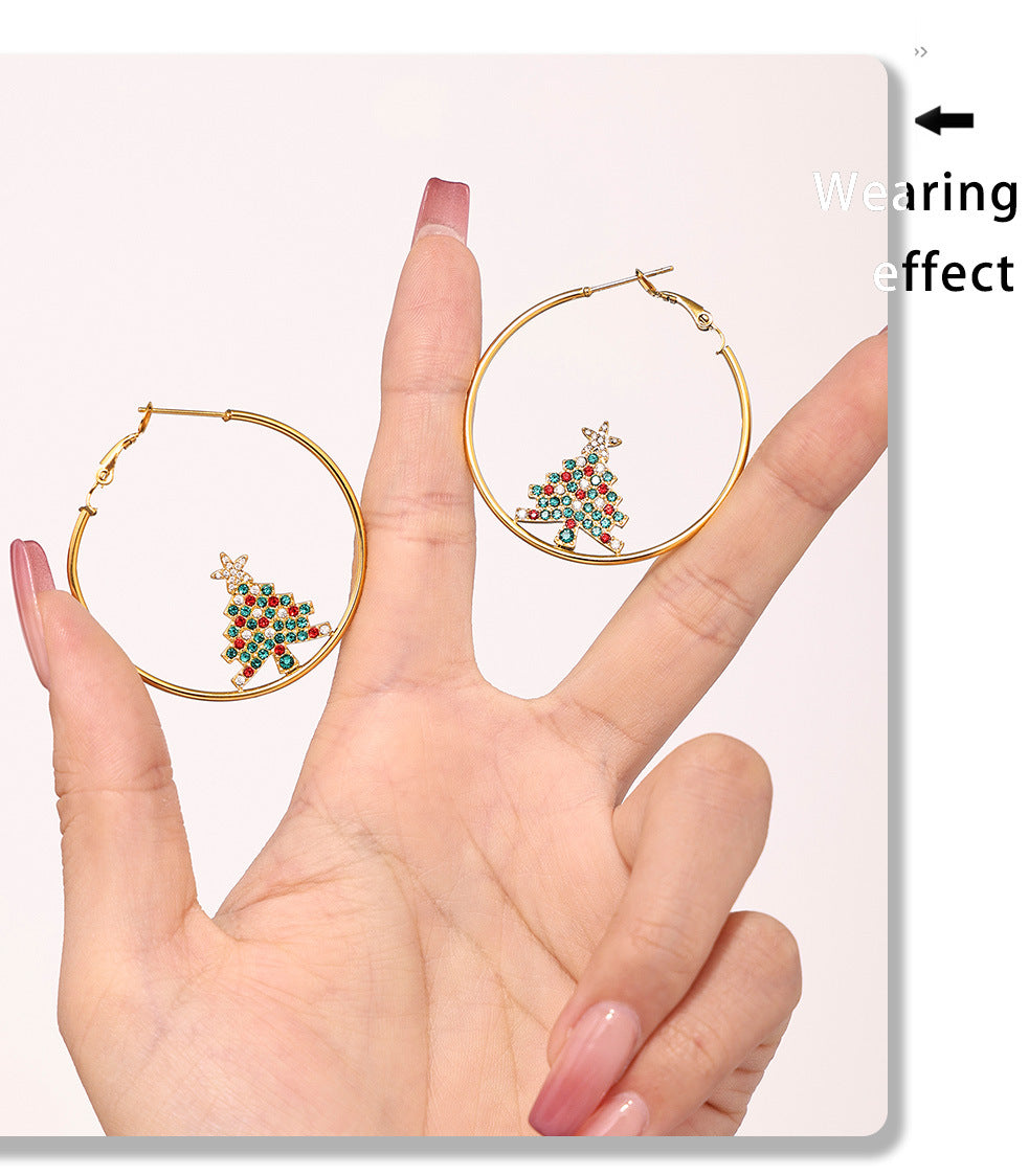 Gold Stainless Steel Christmas Tree Zircon Hoop Earrings | Festive Statement Jewelry for Holiday Style – WANTI Jewelry