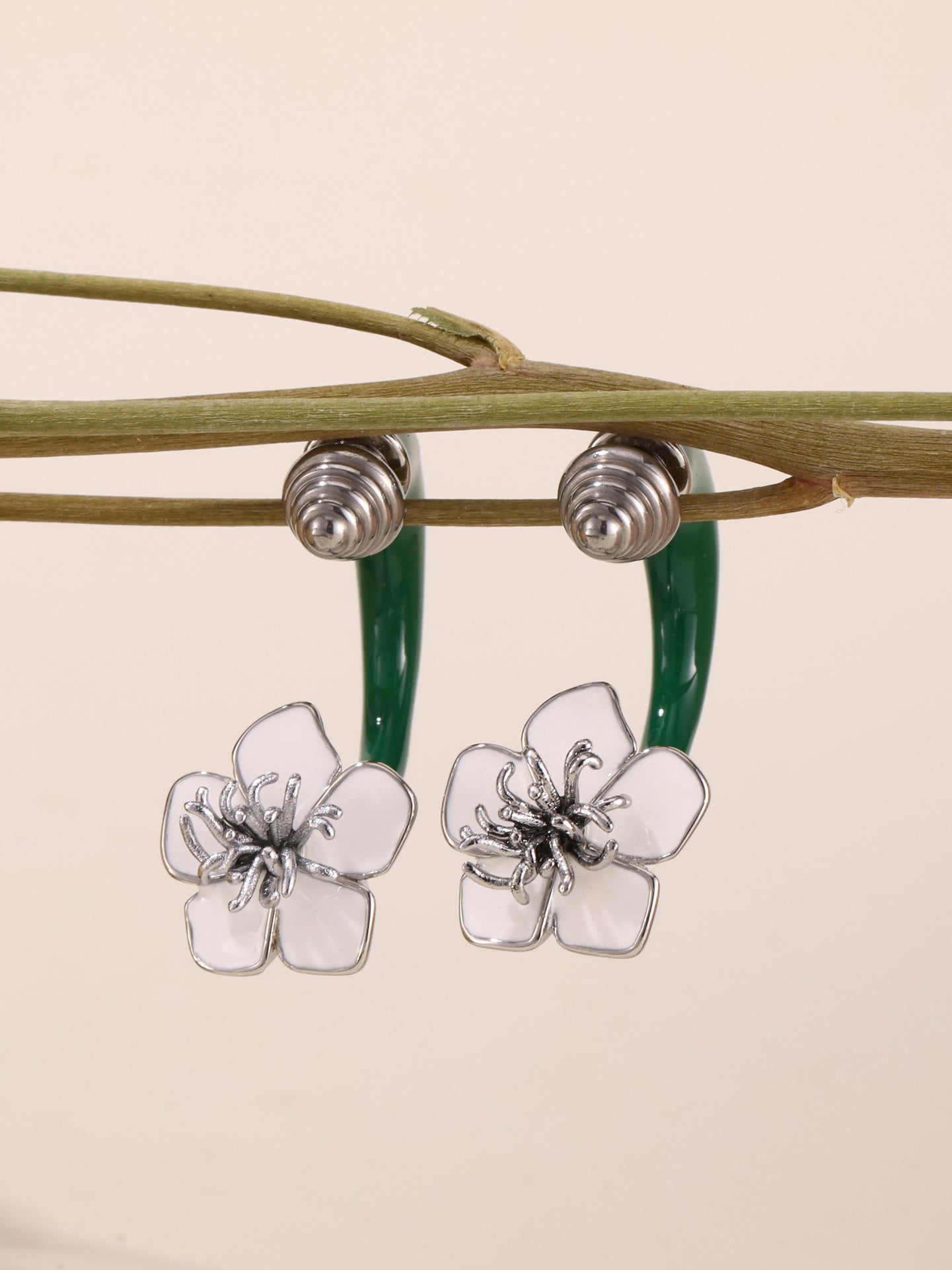 Enamel Camellia Screw Earrings – Elegant Double-Sided Stainless Steel Floral Earrings for Women