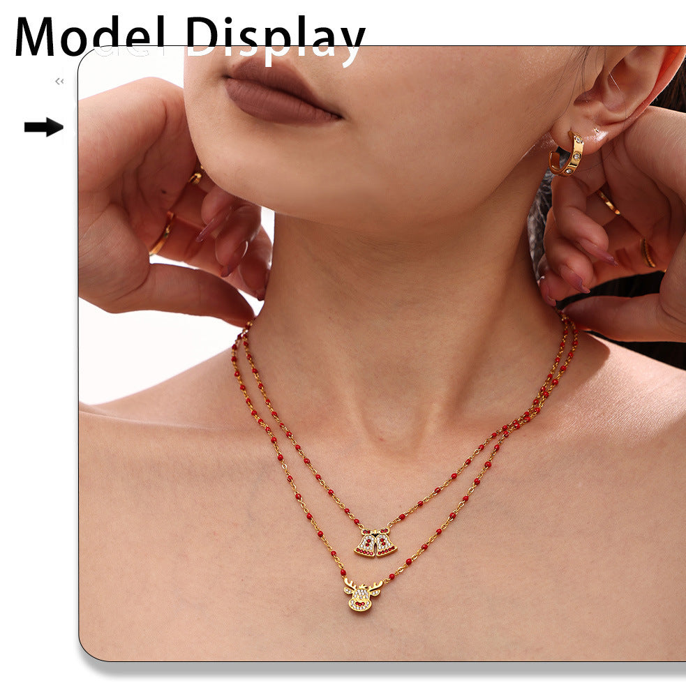 Gold Stainless Steel Christmas Bell & Reindeer Zircon Pendant Necklace | Festive Holiday Jewelry Gift