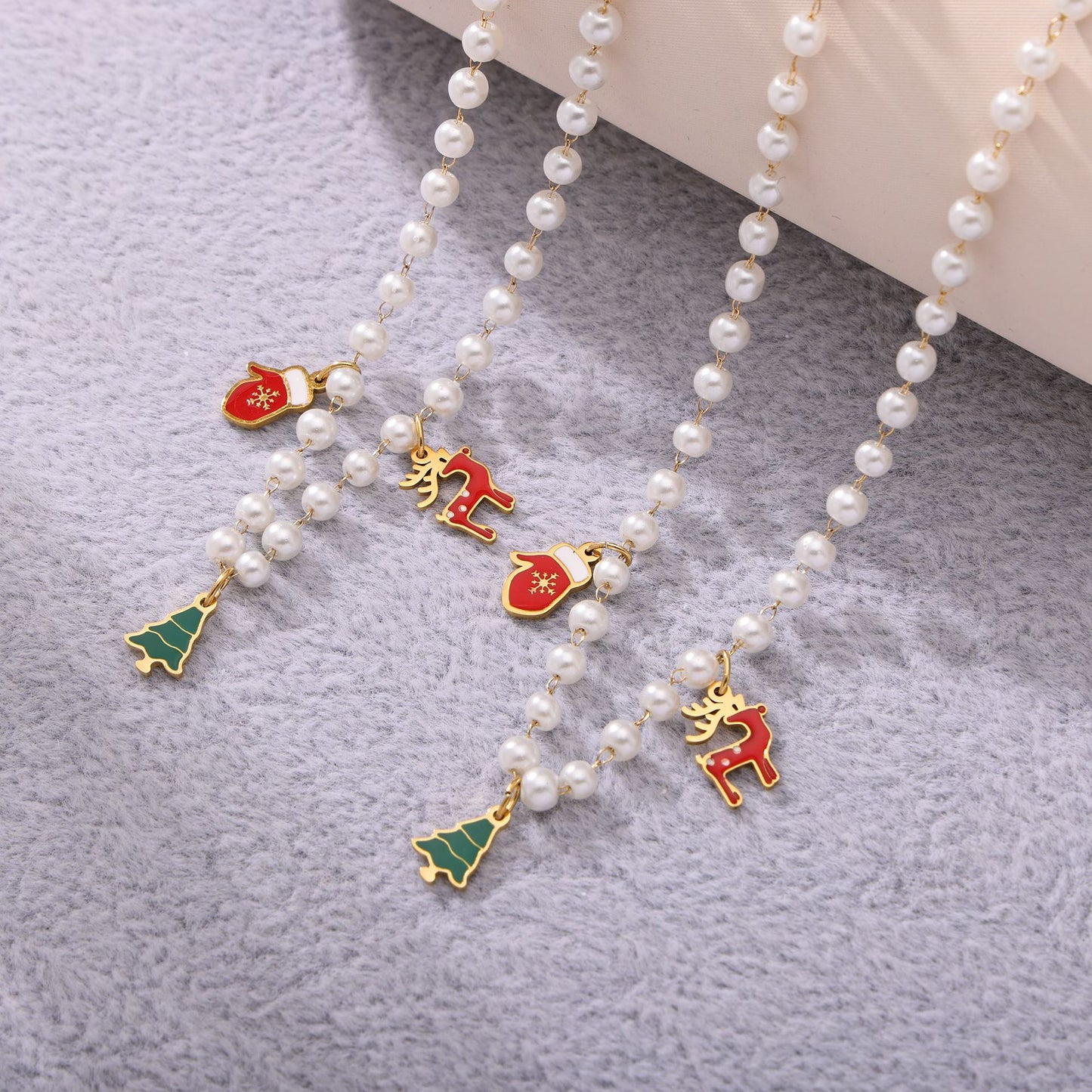 Christmas Tree Reindeer Glove Pendant Imitation Pearl Enamel Necklace & Bracelet Set – Stainless Steel Gold Plated Holiday Jewelry