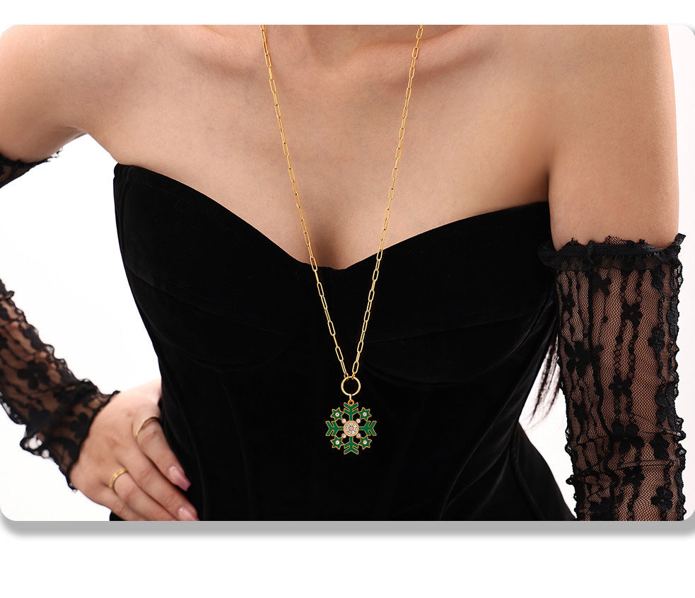 Gold Stainless Steel Christmas Snowflake Long Necklace – White, Green & Red Enamel Pendant Holiday Jewelry