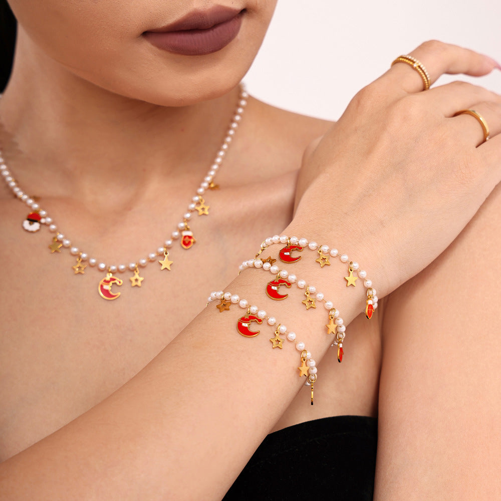 Christmas Santa Hat Star Gloves Pendant Necklace & Bracelet Set – Gold Plated Stainless Steel with Faux Pearl & Enamel