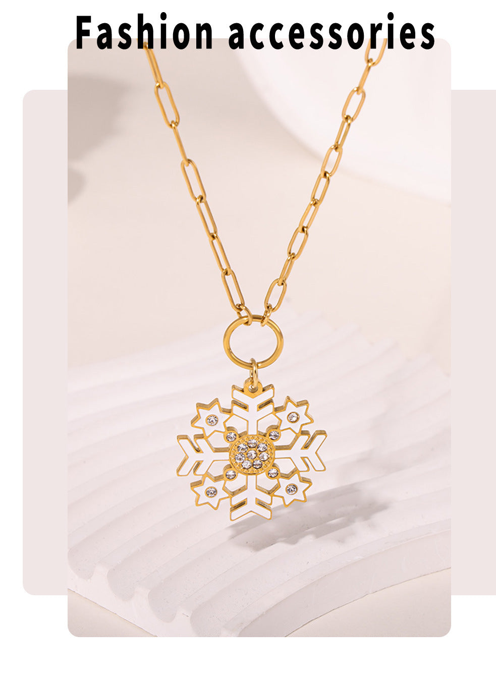 Gold Stainless Steel Christmas Snowflake Long Necklace – White, Green & Red Enamel Pendant Holiday Jewelry