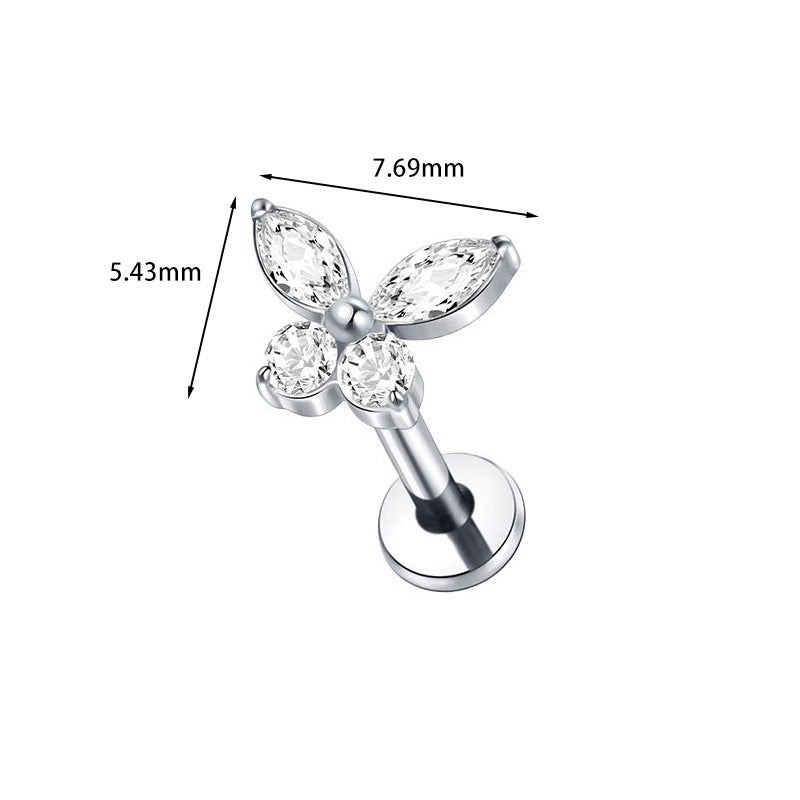 F136 Titanium Butterfly Zirconia Piercing - 1.2*8mm Lip & Cartilage Stud with Internal Thread