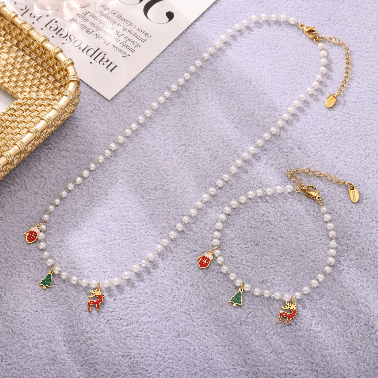 Christmas Tree Reindeer Glove Pendant Imitation Pearl Enamel Necklace & Bracelet Set – Stainless Steel Gold Plated Holiday Jewelry