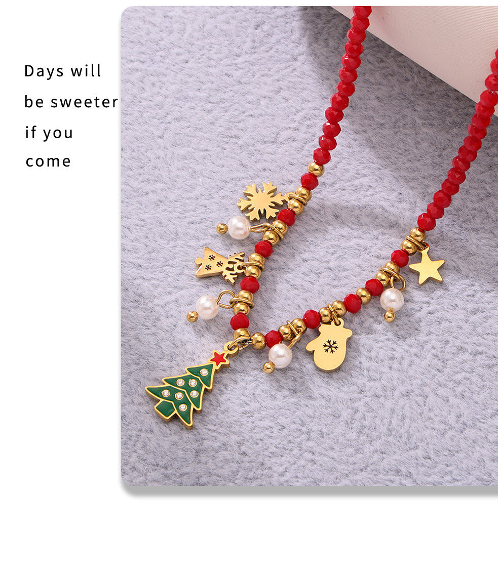 Gold Stainless Steel Christmas Tree Star Snowflake Pendant Necklace | Festive Zircon Holiday Jewelry Gift