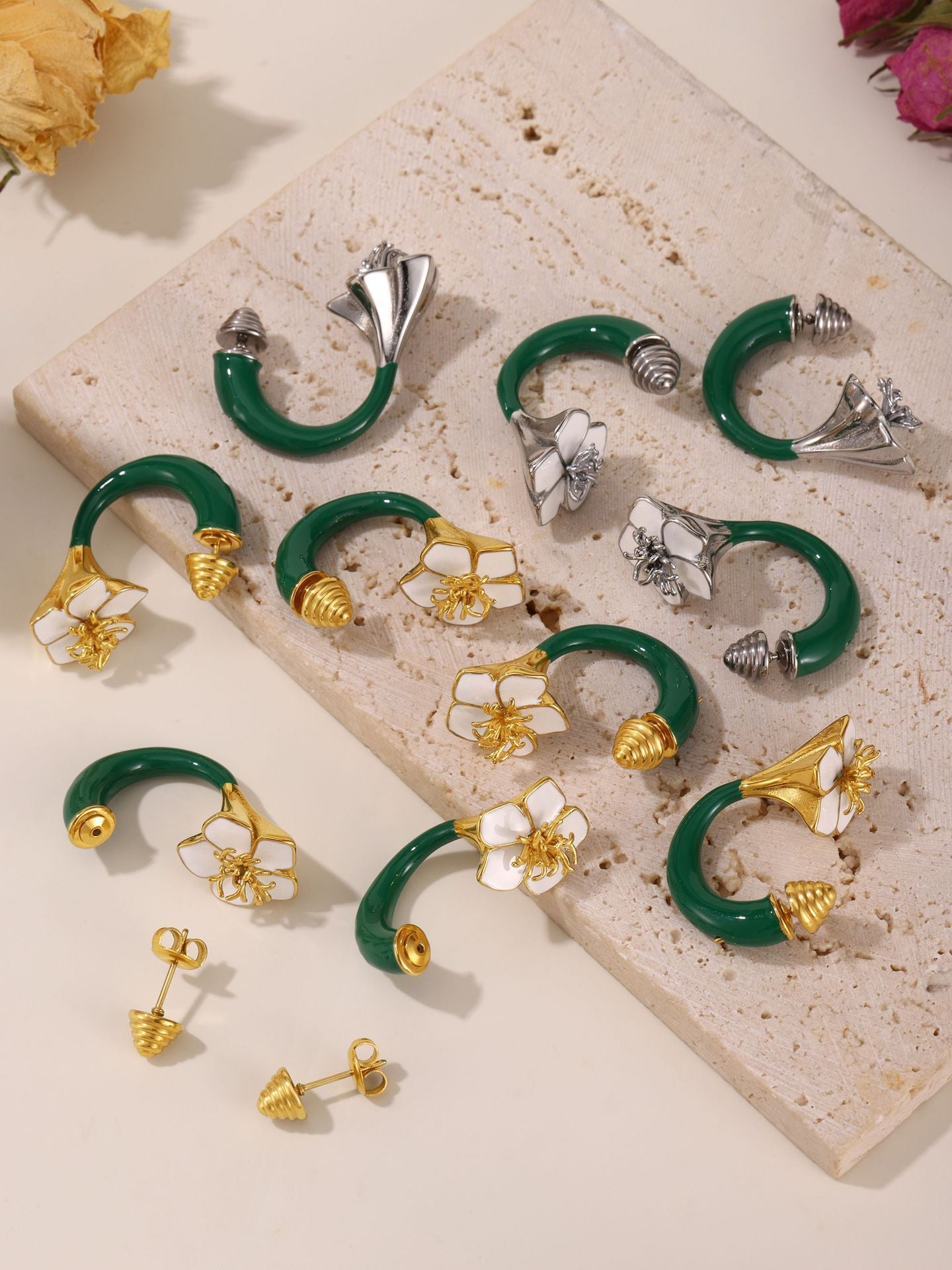 Enamel Camellia Screw Earrings – Elegant Double-Sided Stainless Steel Floral Earrings for Women