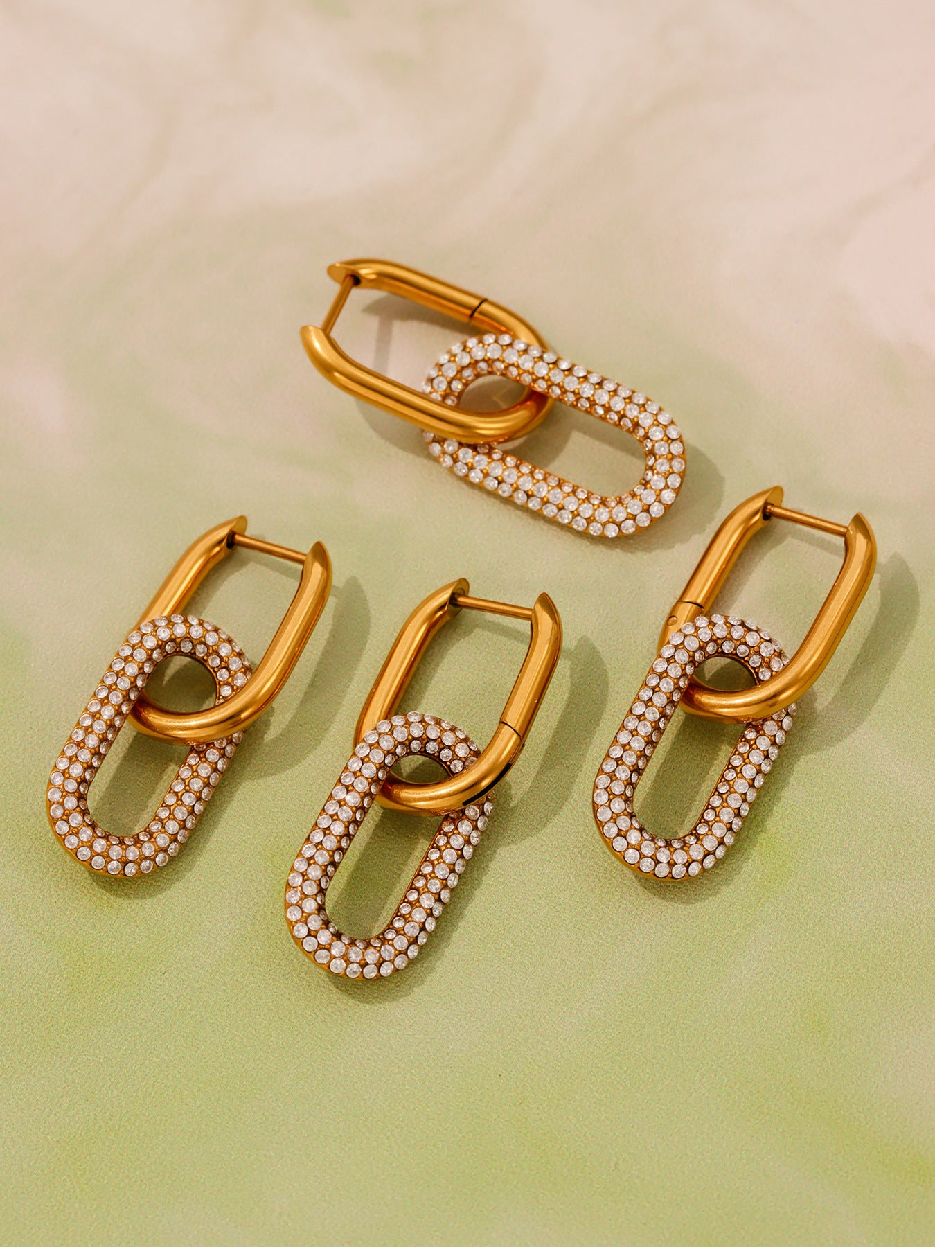 Gold Oval Zircon Dangle Earrings – Elegant Stainless Steel Full Zircon Hoop Earrings for Women