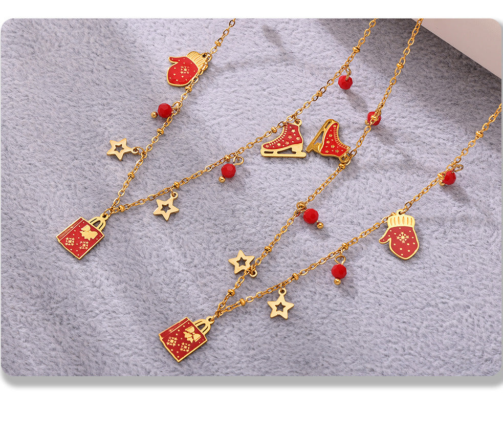 Gold Stainless Steel Garnet Christmas Necklace & Bracelet | Festive Gift Jewelry Set for Women