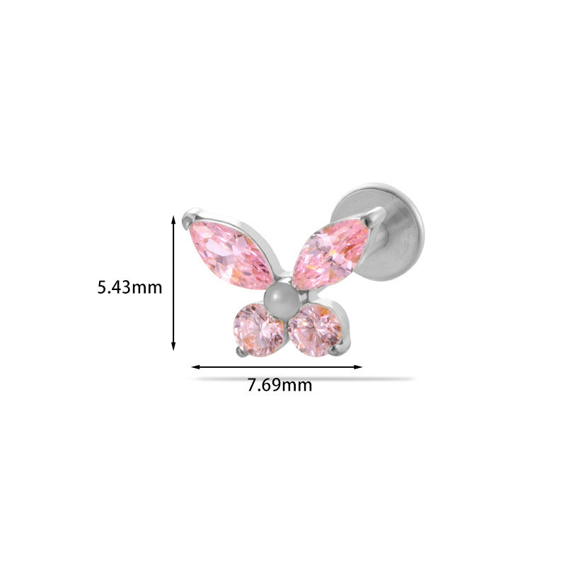 F136 Titanium Butterfly Zirconia Piercing - 1.2*8mm Lip & Cartilage Stud with Internal Thread