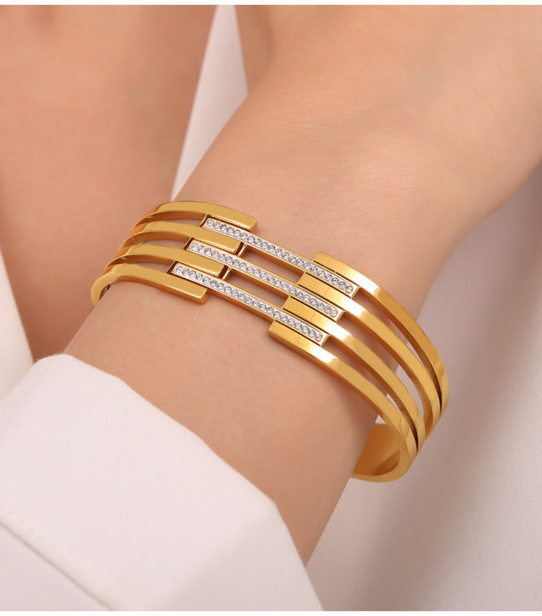 Geometric Stainless Steel Bangle with Czech Diamond & Color Ceramic Glaze – Layered Retro Bracelet Collection | WANTI Jewelry