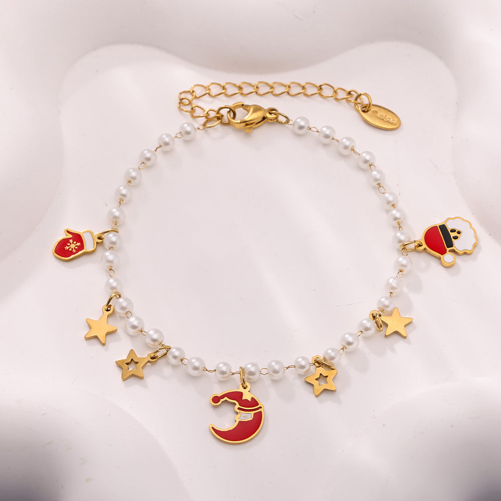 Christmas Santa Hat Star Gloves Pendant Necklace & Bracelet Set – Gold Plated Stainless Steel with Faux Pearl & Enamel
