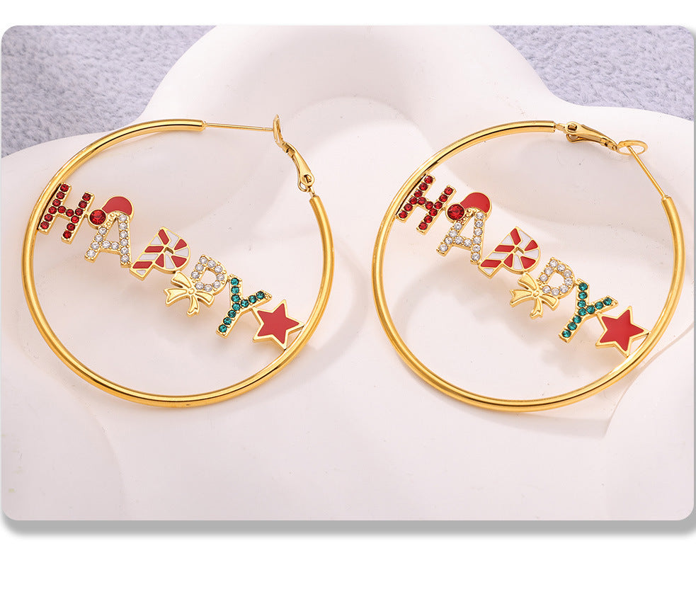 Gold Stainless Steel “HAPPY” Christmas Necklace, Bracelet & Earrings Set | Festive Gift Jewelry for Women