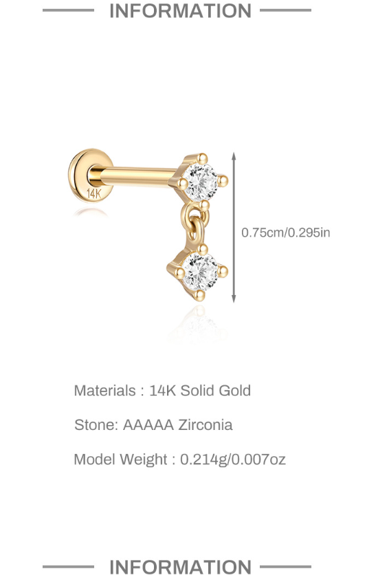 14K Solid Gold Mini Dangle Pendant Piercing Stud – Dainty Cartilage Earring