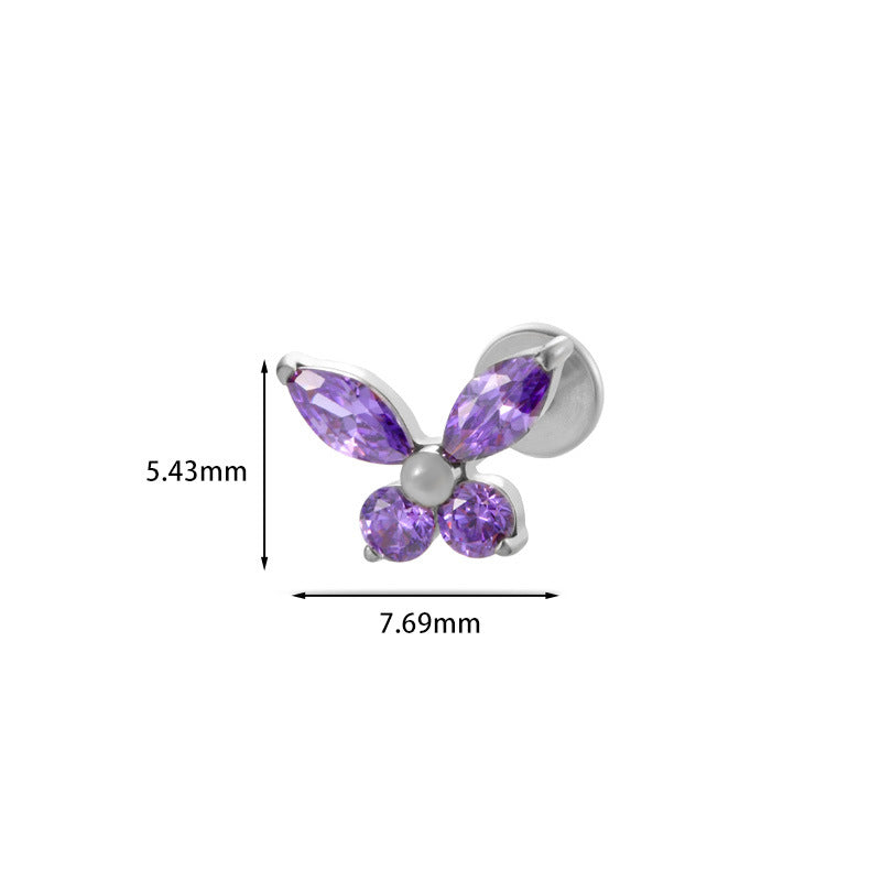 F136 Titanium Butterfly Zirconia Piercing - 1.2*8mm Lip & Cartilage Stud with Internal Thread