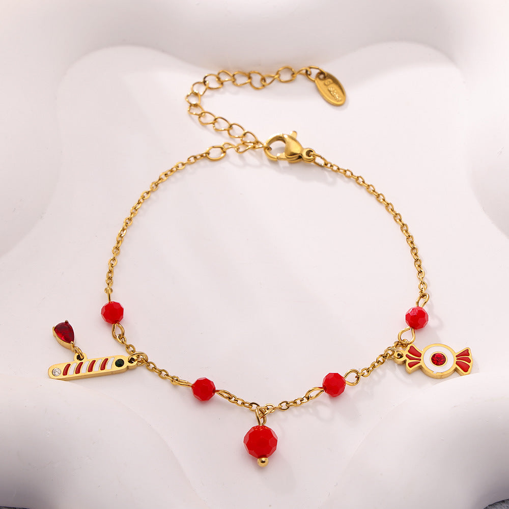 Gold Stainless Steel Christmas Candy Apple Multi-Layer Necklace, Bracelet & Asymmetric Earrings – Holiday Jewelry Gift Set