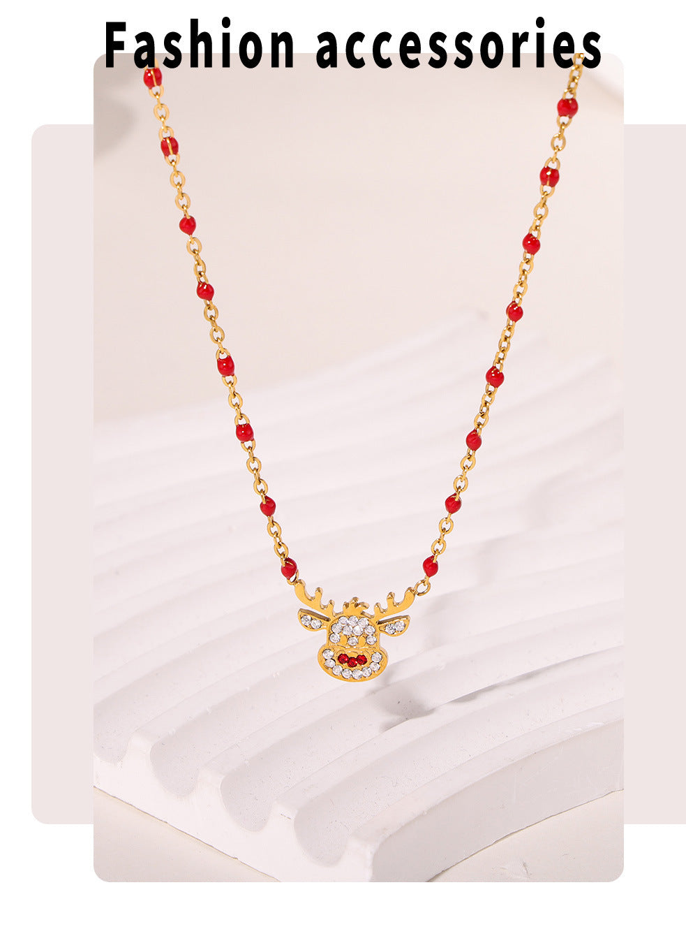 Gold Stainless Steel Christmas Bell & Reindeer Zircon Pendant Necklace | Festive Holiday Jewelry Gift