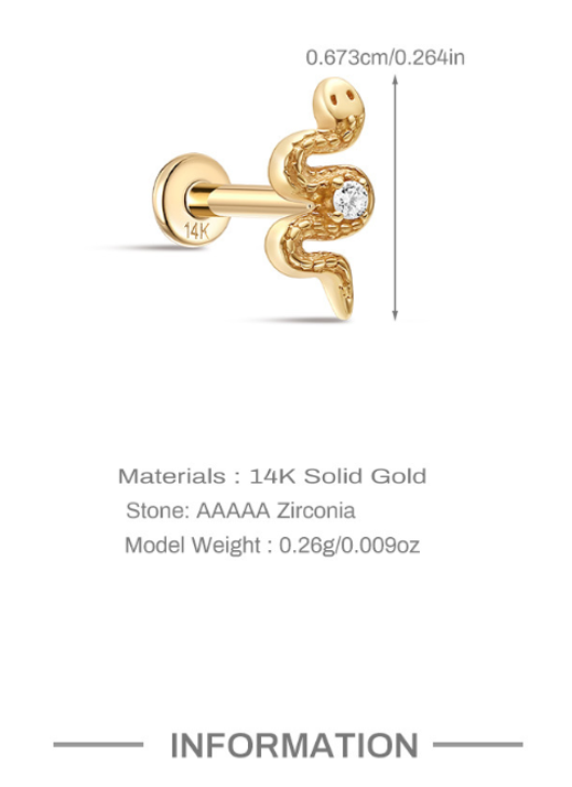 14K Solid Gold Snake Ear Piercing Stud with Sparkling Zircon – Serpent-Inspired Elegance