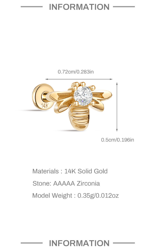 14K Solid Gold Insect Animal Stud Earrings – Dainty Bee & Butterfly-Inspired Design