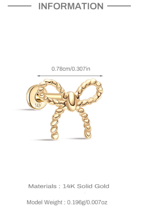 14K Solid Gold Bow Stud Earrings – Dainty Ribbon Design for Everyday Elegance
