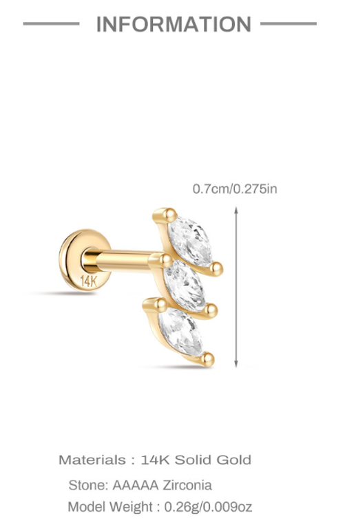 14K Solid Gold Zircon Leaf Stud Earring – Nature-Inspired Botanical Sparkle