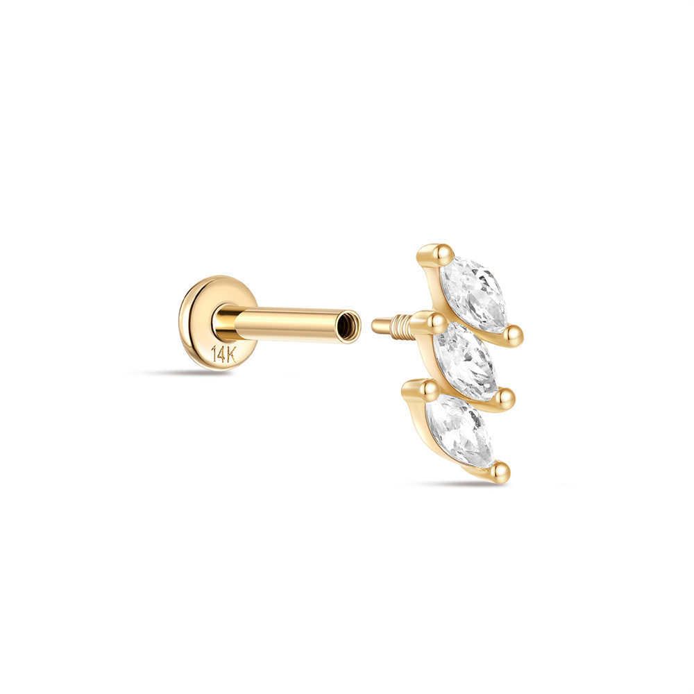 14K Solid Gold Zircon Leaf Stud Earring – Nature-Inspired Botanical Sparkle