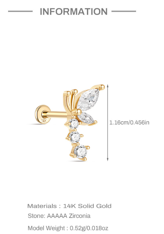 14K Solid Gold Five-Stone Crystal Ear Stud – Dainty Single Earring for Stacking