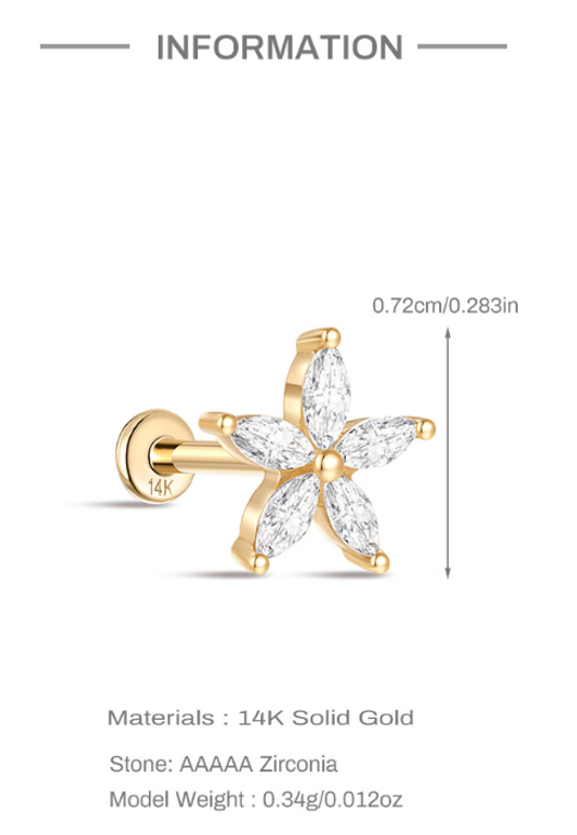 14K Real Yellow Gold Single Flower Ear Stud – Minimalist Botanical Beauty