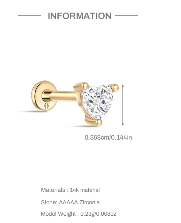 14K Yellow Gold Heart Stud Earrings with Sparkling Zircon – Romantic Everyday Shine