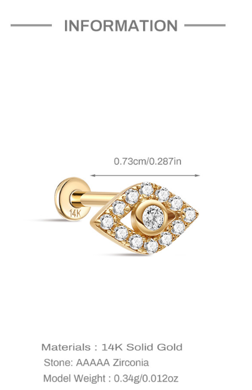 14K Solid Gold Eye Stud Earrings with Sparkling Zircon – Symbolic Everyday Jewelry