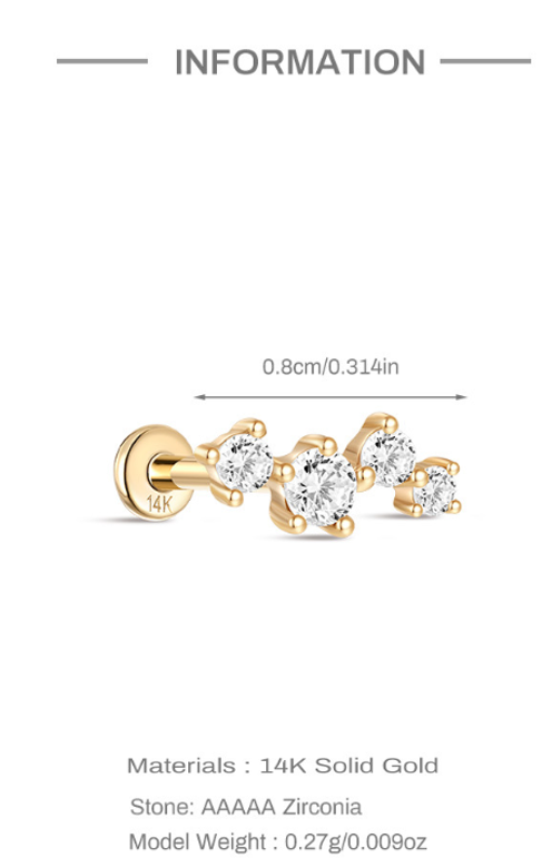 14K Solid Gold Zircon Cluster Stud – Single Sparkling Piercing Earring