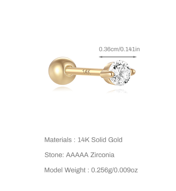 14K Gold Beaded Zircon Piercing Stud – Single Sparkle for Ear Stacks
