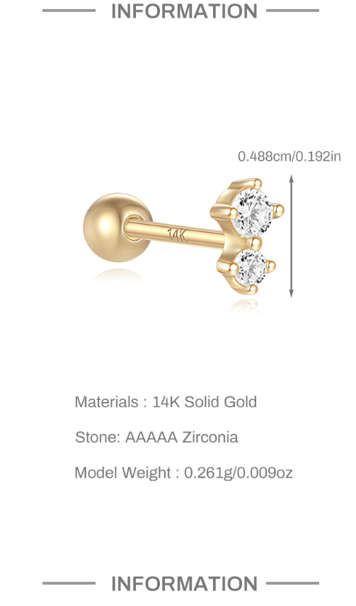 14K Gold Beaded Zircon Piercing Stud – Single Sparkle for Ear Stacks