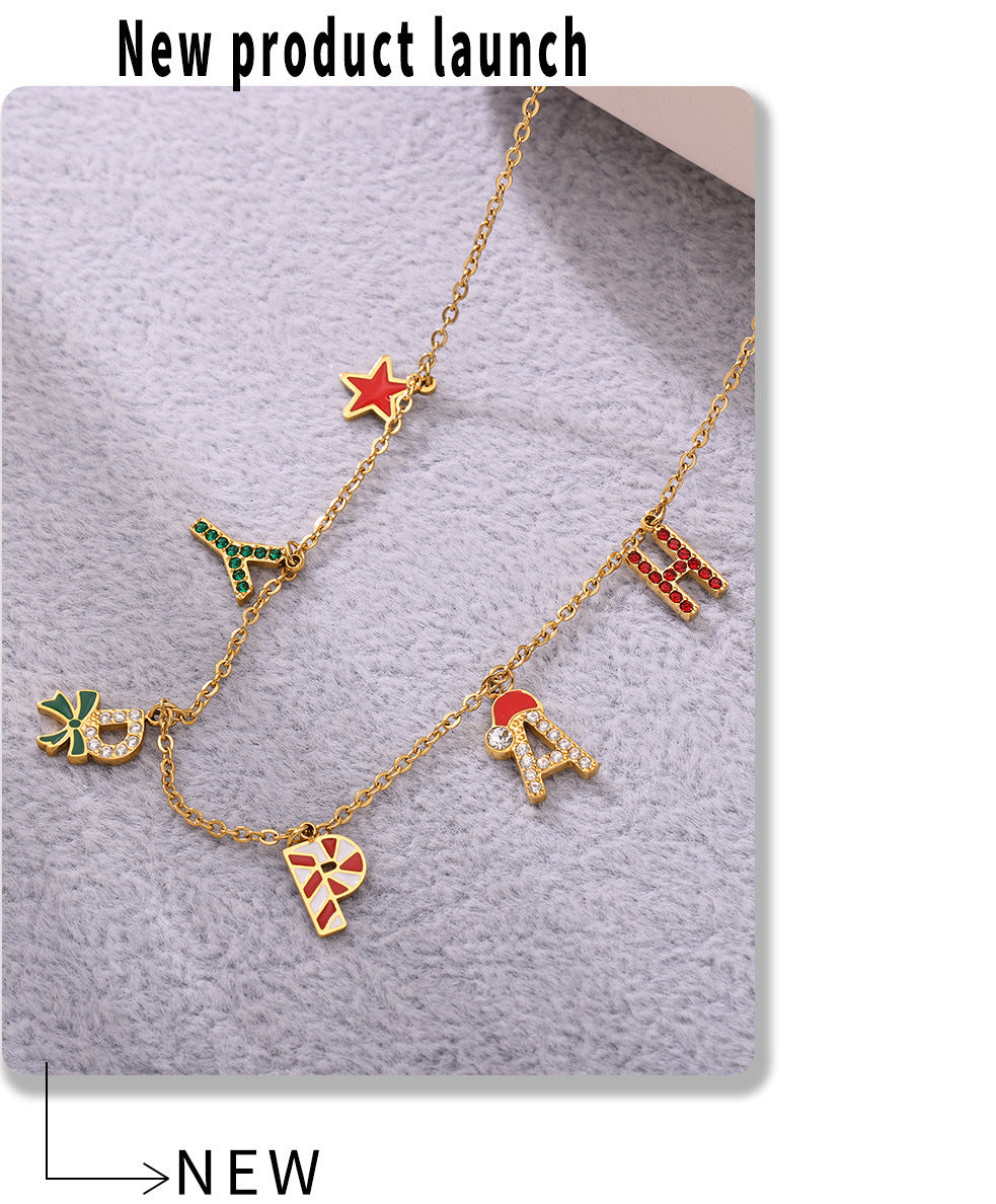 Gold Stainless Steel “HAPPY” Christmas Necklace, Bracelet & Earrings Set | Festive Gift Jewelry for Women