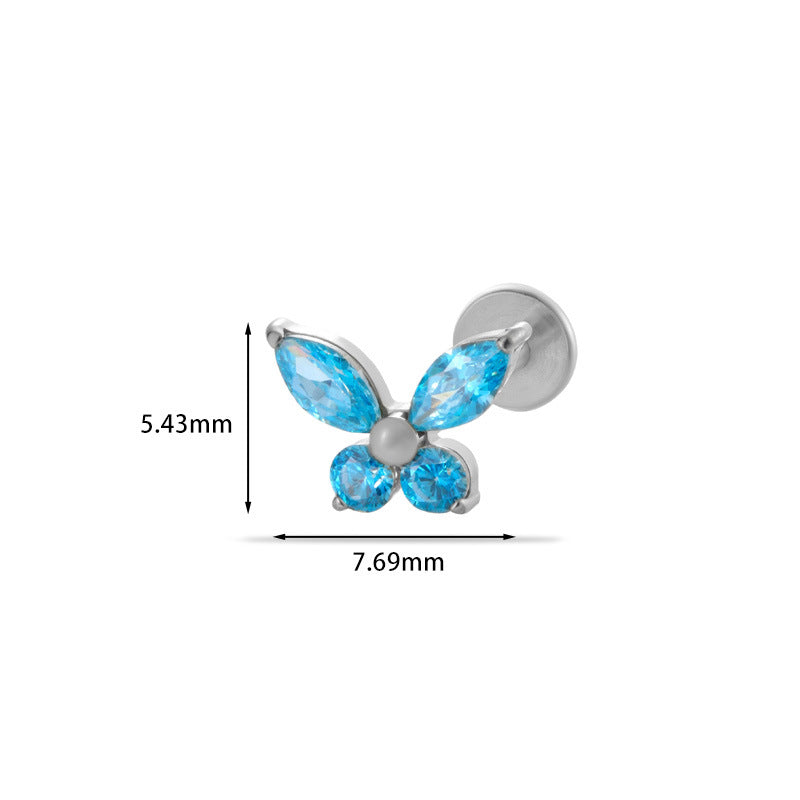 F136 Titanium Butterfly Zirconia Piercing - 1.2*8mm Lip & Cartilage Stud with Internal Thread