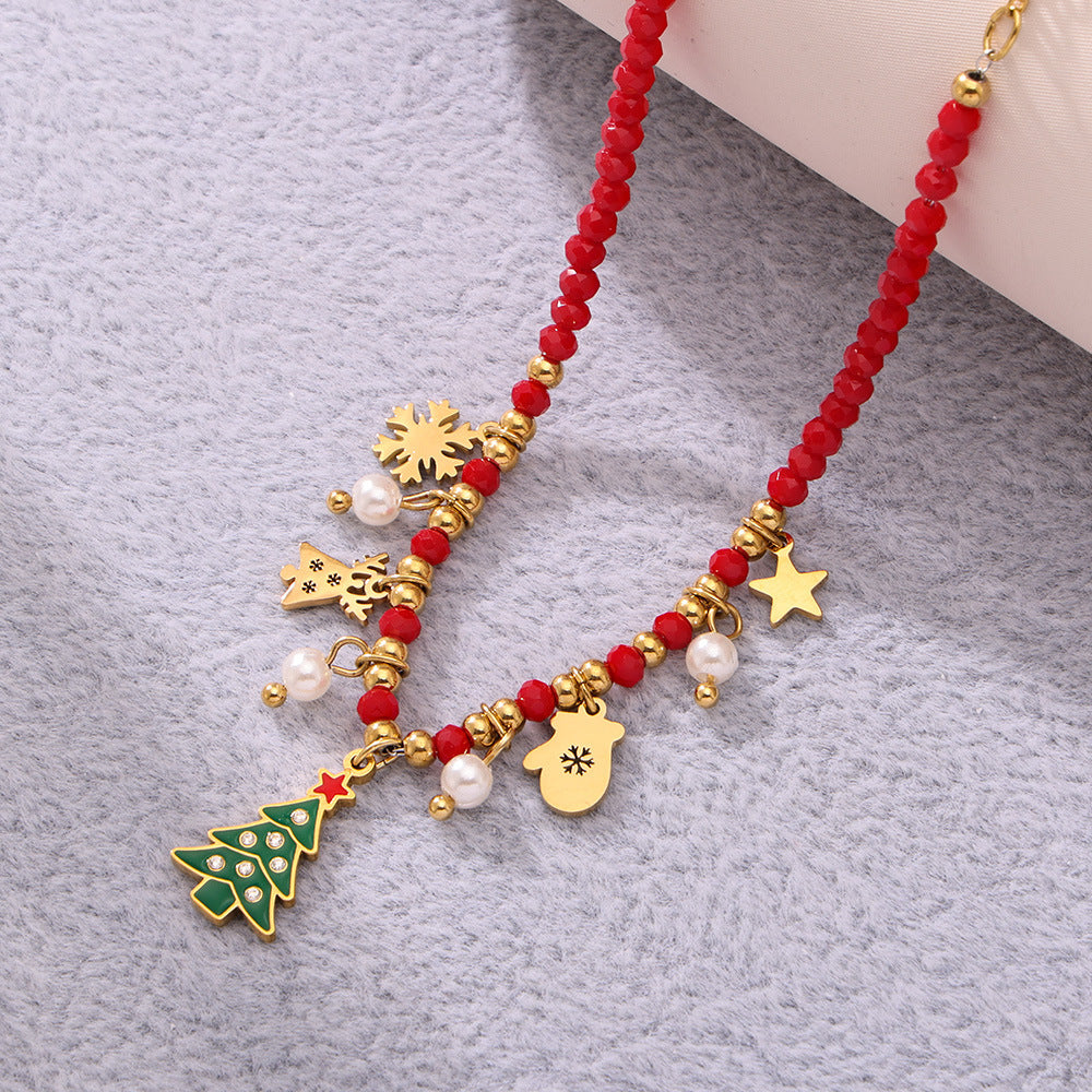 Gold Stainless Steel Christmas Necklace Collection | Reindeer, Tree, Bell, Sock, and Gift Box Oil Drop Zircon Pendants