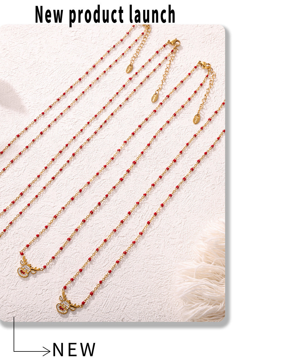 Gold Stainless Steel Christmas Bell & Reindeer Zircon Pendant Necklace | Festive Holiday Jewelry Gift