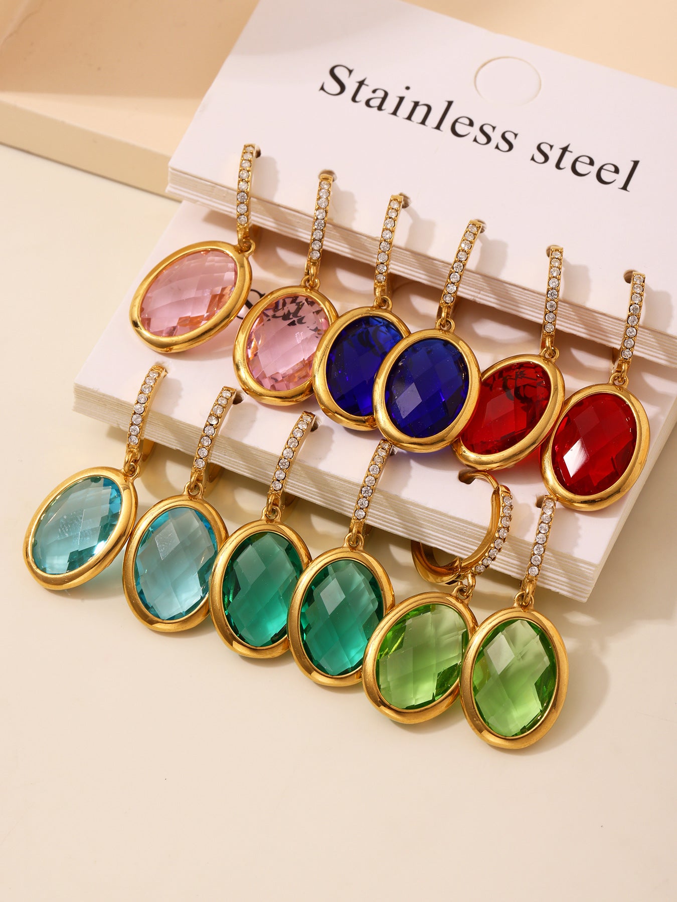 Colorful Oval Glass Stone Stainless Steel Drop Earrings – Elegant Lightweight Statement Jewelry | WANTI Jewelry