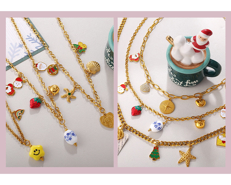 Gold Stainless Steel Christmas Holiday Pendant Tassel Necklace | Festive Fashion Jewelry