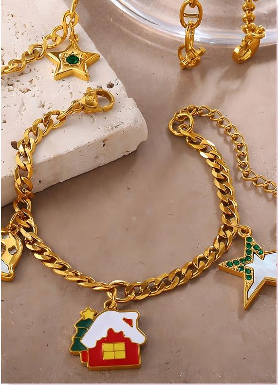 Christmas Collection – Gold Plated Stainless Steel Dripping Oil Pendant & Tassel Bracelet  Set