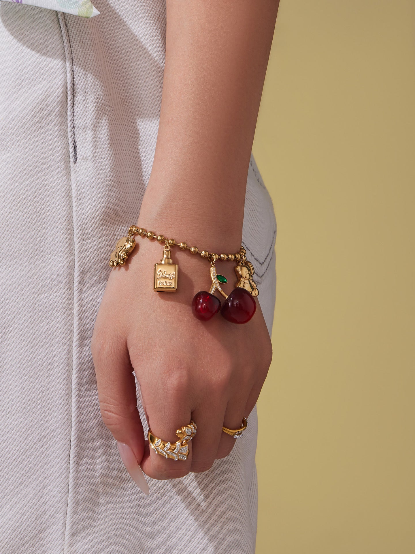 Cherry Zircon Jewelry Set | Gold & Silver Stainless Steel Necklace, Bracelet & Earrings | Trendy Red Resin Cherry Collection by WANTI Jewelry