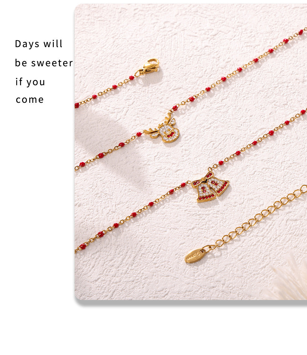 Gold Stainless Steel Christmas Bell & Reindeer Zircon Pendant Necklace | Festive Holiday Jewelry Gift