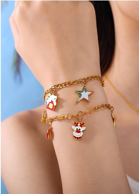 Christmas Collection – Gold Plated Stainless Steel Dripping Oil Pendant & Tassel Bracelet  Set