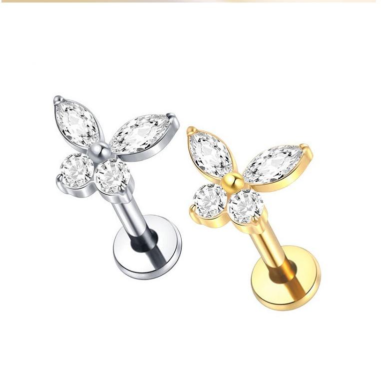 F136 Titanium Butterfly Zirconia Piercing - 1.2*8mm Lip & Cartilage Stud with Internal Thread