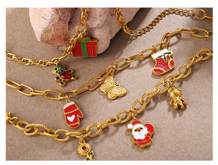 Christmas Collection – Gold Plated Stainless Steel Dripping Oil Pendant & Tassel Bracelet  Set