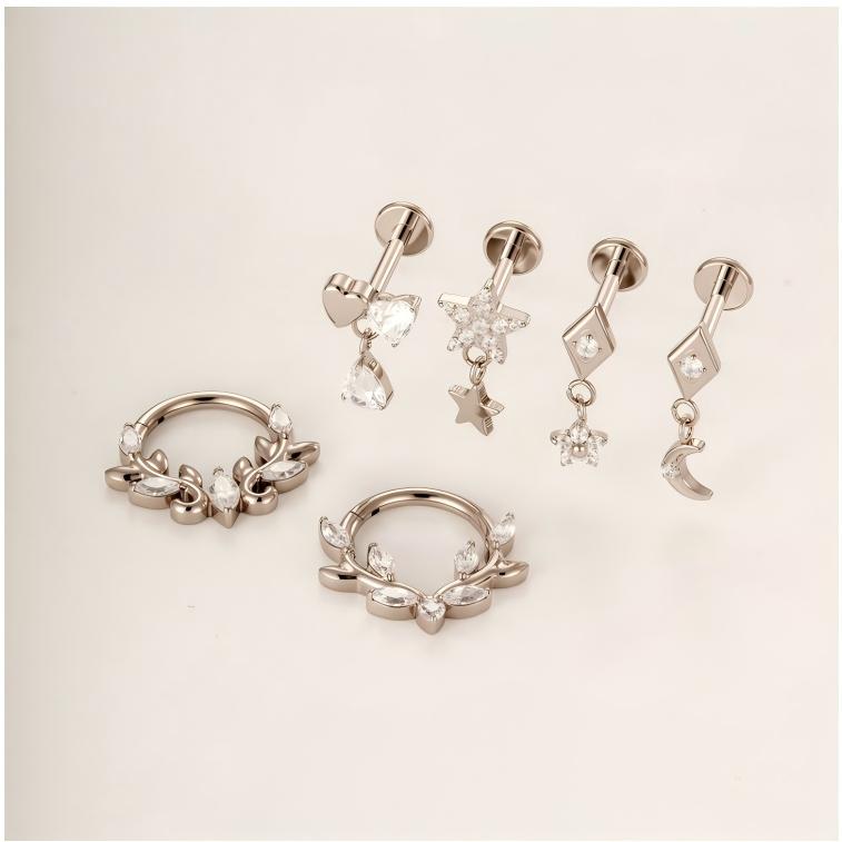 G23/F136 Titanium Star & Teardrop Dangle Flat Back Internally Threaded Labret Studs | Hypoallergenic Piercing Jewelry for Lip, Ear, Cartilage